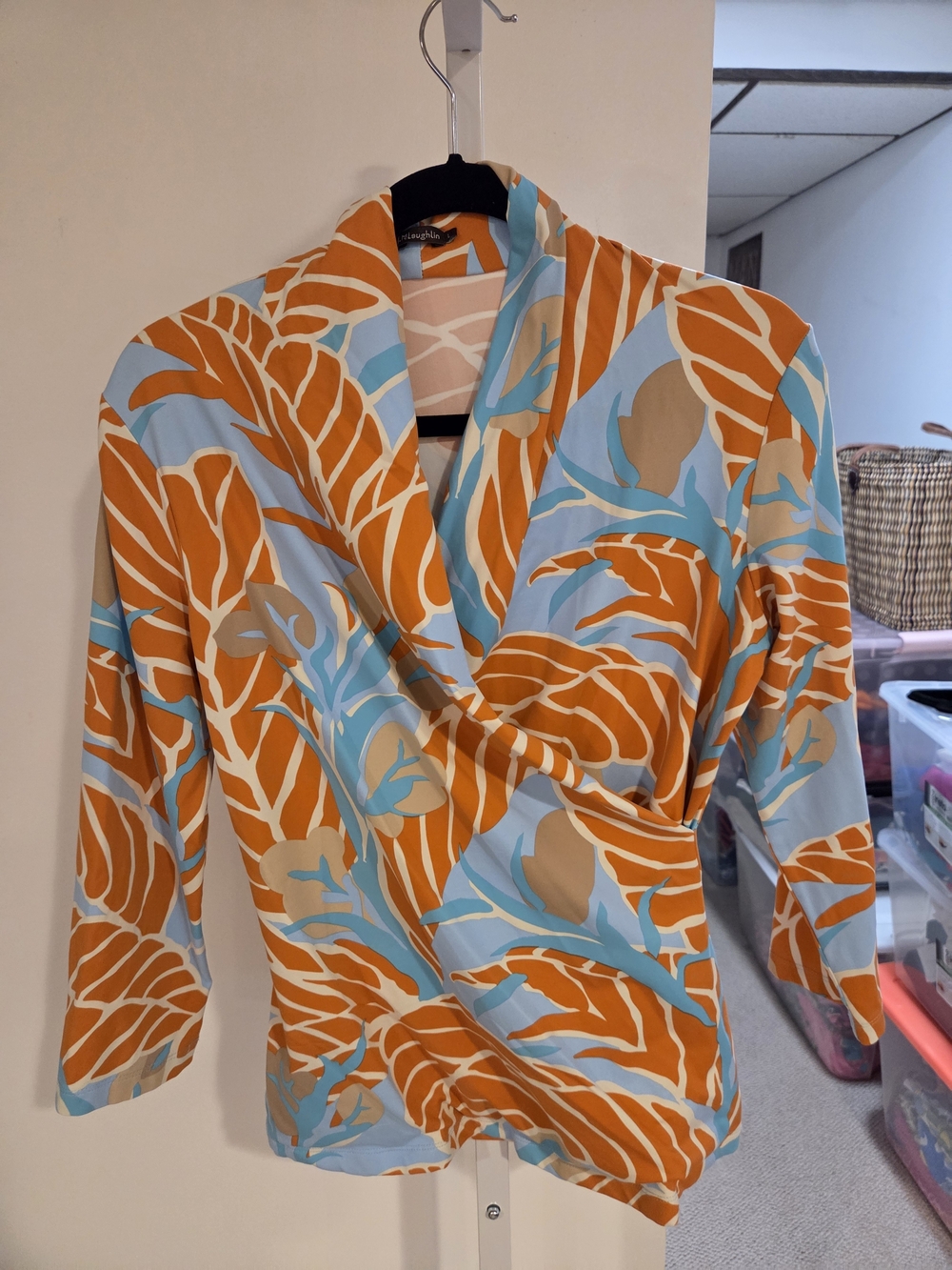 Abstract Leaf Print Wrap Blouse in Orange and Sky Blue